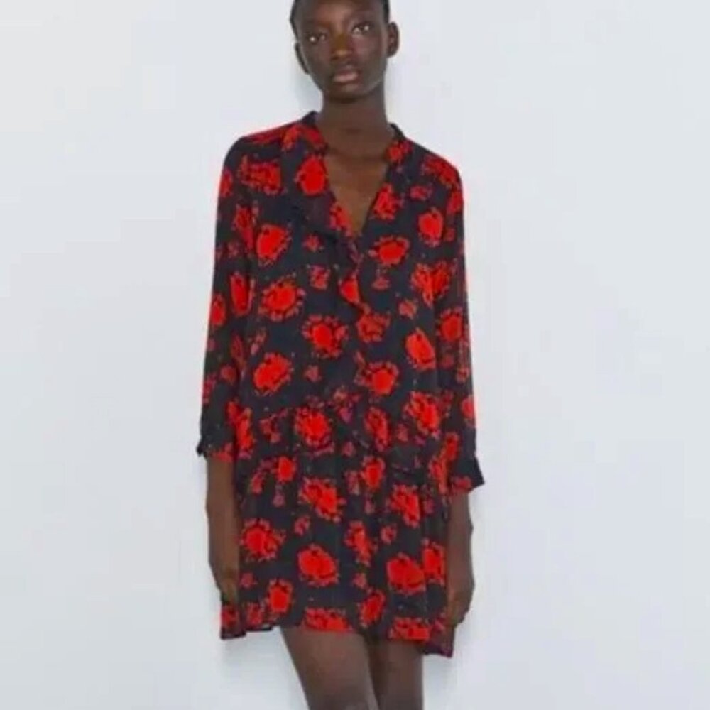Zara Floral Print Black Red Rose Tiered Ruffle Mini Dress Size M EUC
